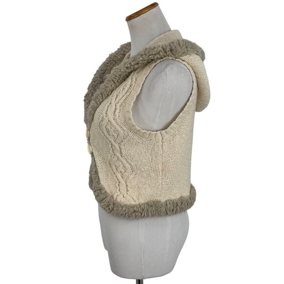 Vtg Y2K Old Navy Cream Cable Knit Faux Shearling Trim Hooded Boho Sweater Vest L - Picture 13 of 16